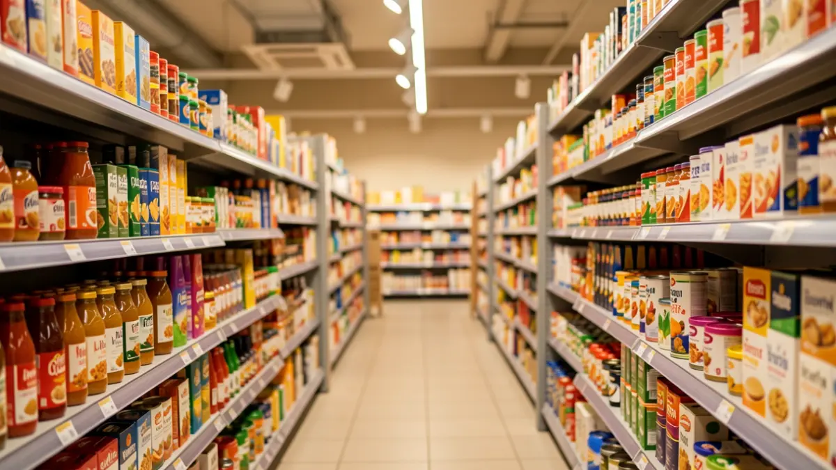Generic image of a supermarket aisle with shelves stocked with products.