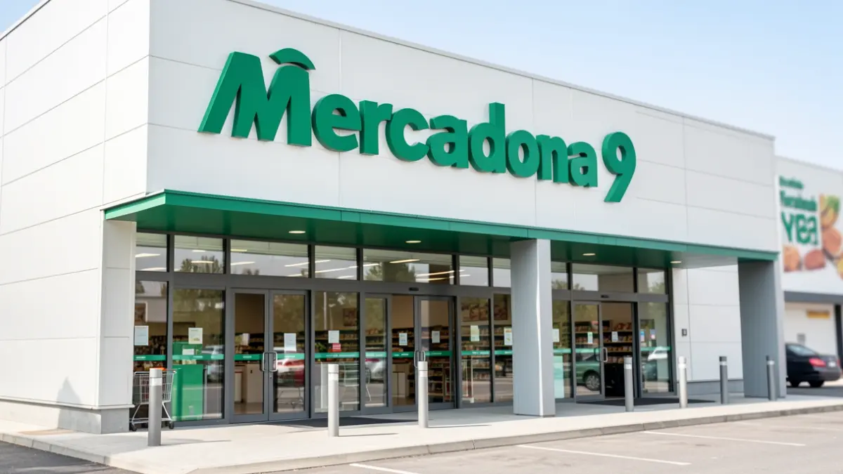 Exterior facade of a Mercadona supermarket featuring the 'Tienda 9' design.