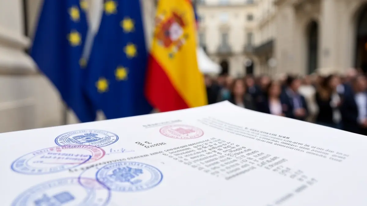Legal document with official seals and flags of the European Union and Spain.
