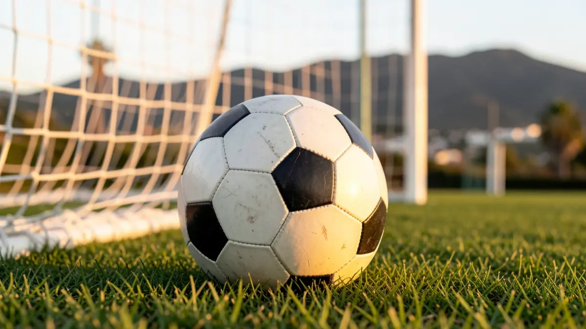 Generic image of a soccer ball on grass with the goal net out of focus.
