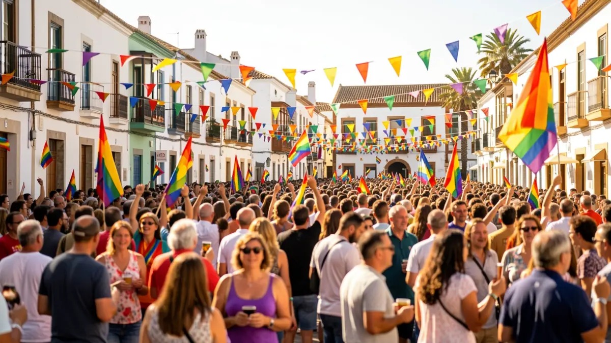 Imagen genérica de una manifestación del Orgullo LGTBI+ en una plaza de las Islas Canarias, con ambiente festivo y arquitectura local.