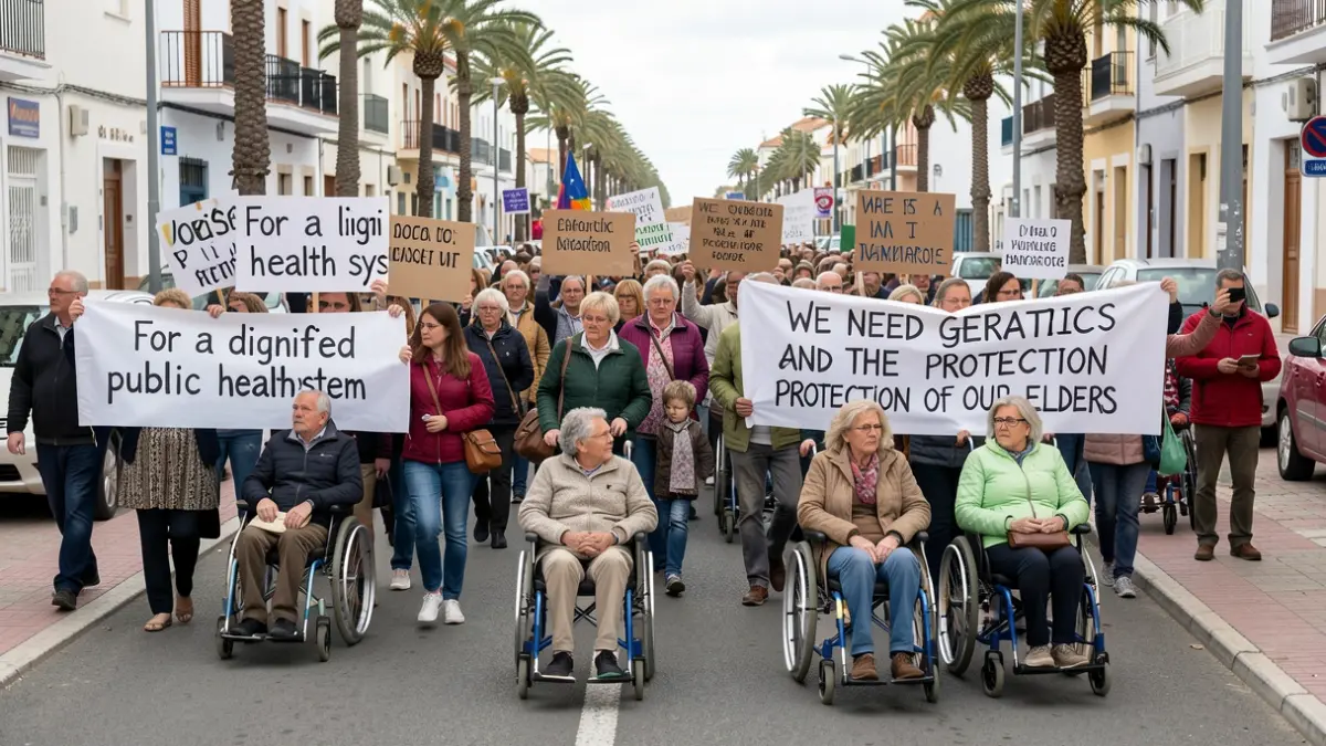 Image of a protest in Lanzarote demanding the continuity of the Insular Hospital and geriatric services.