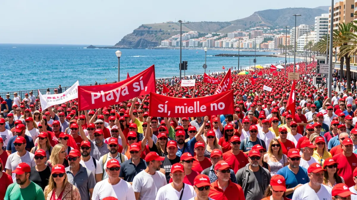 Image of the large citizen protest in Los Cristianos with the slogan 'Playa sí, muelle no'.