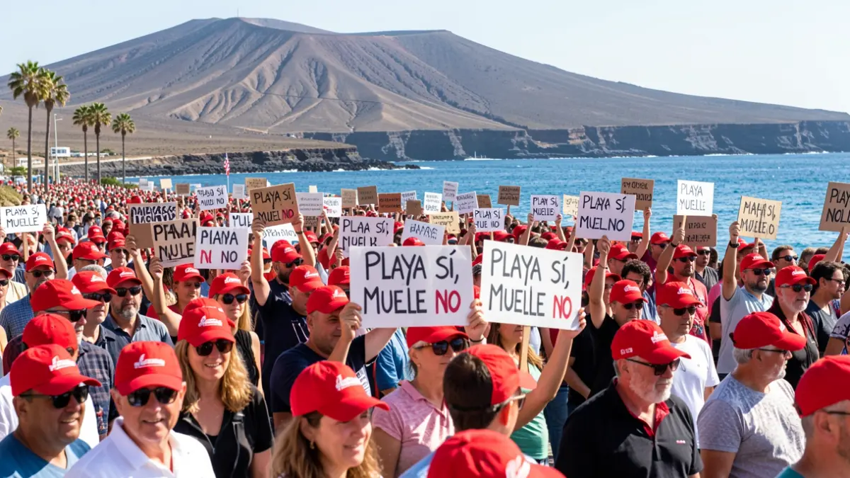 Manifestación en Los Cristianos contra la ampliación del puerto, con personas portando gorras rojas y pancartas.
