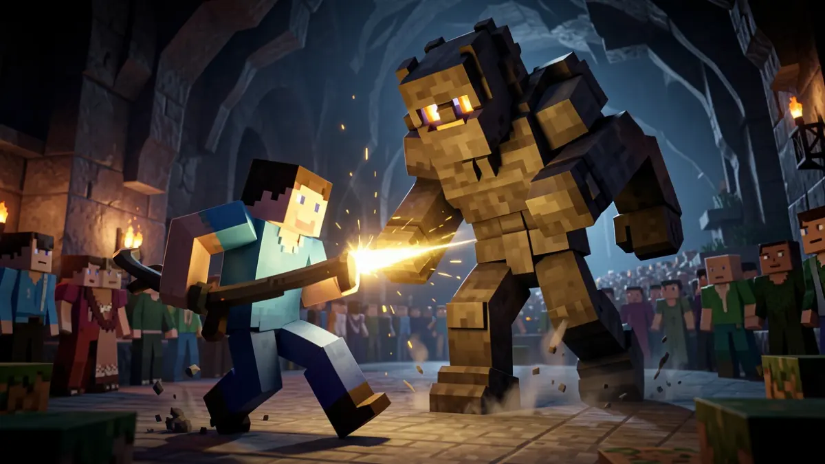 Generic image of a Minecraft Dungeons character fighting a monster.