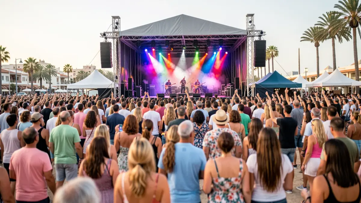 Generic image of a music festival in Maspalomas, Gran Canaria, with an illuminated stage and audience enjoying.