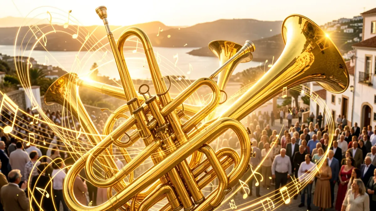 Abstract image of brass instruments and musical notes with golden light, evoking a concert.