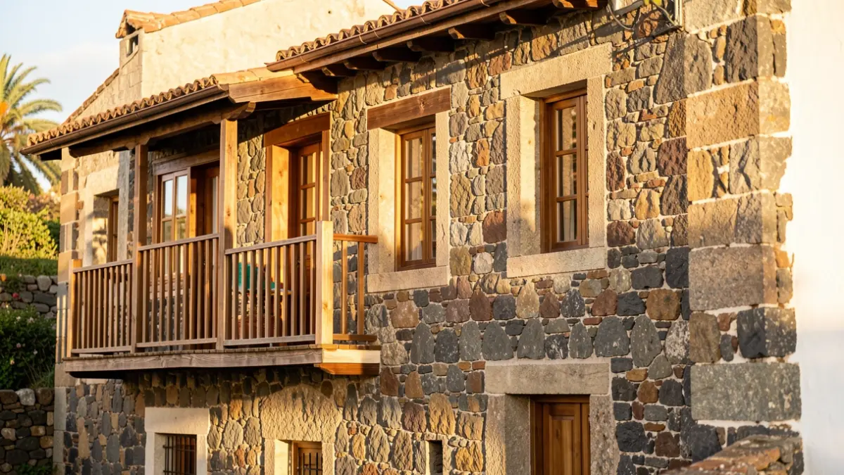 Fachada de una casa tradicional canaria de piedra con balcones de madera.