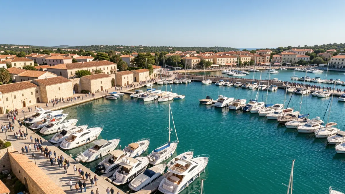 Aerial view of the port of Mogán with docked boats.