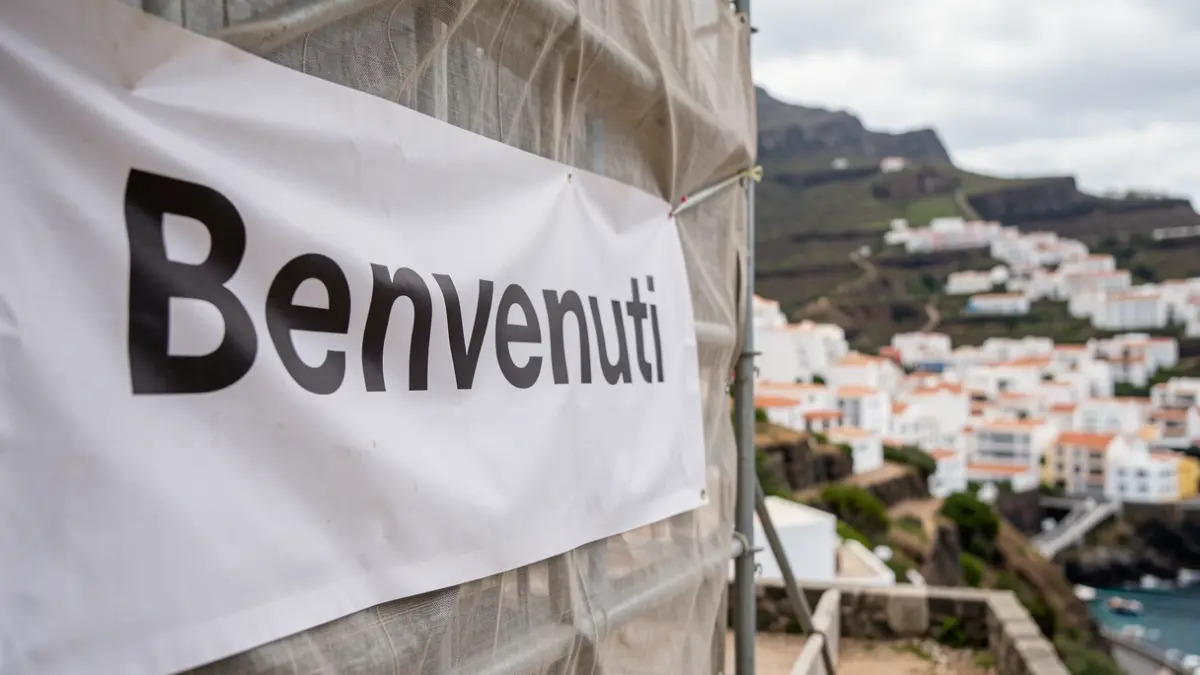 Banner with the greeting 'Benvenuti' being urgently replaced in Arguineguín.