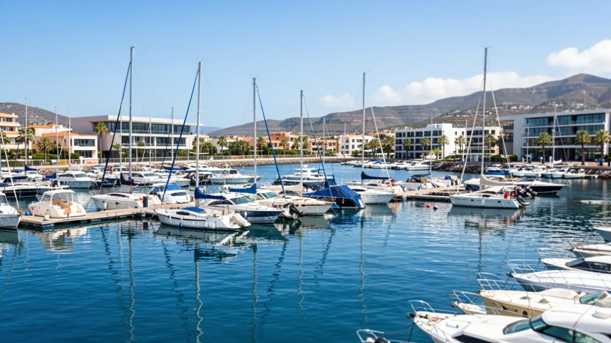 Imagen genérica de un puerto deportivo moderno con barcos atracados en un día soleado.