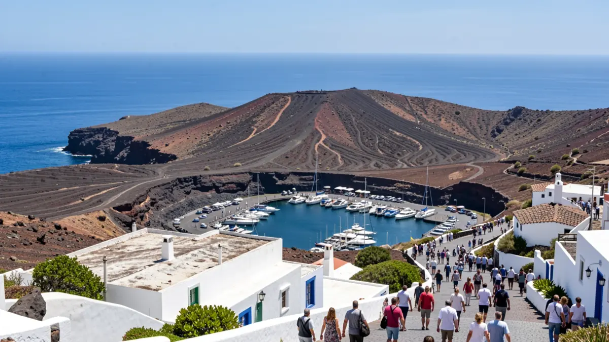 View of Puerto de Mogán with boats and traditional Canarian architecture.