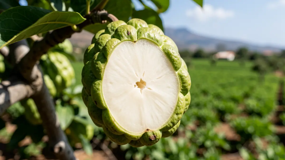 Primer plano de una fruta de atemoya con su pulpa blanca y cremosa, sobre un fondo de campos de cultivo en Canarias.