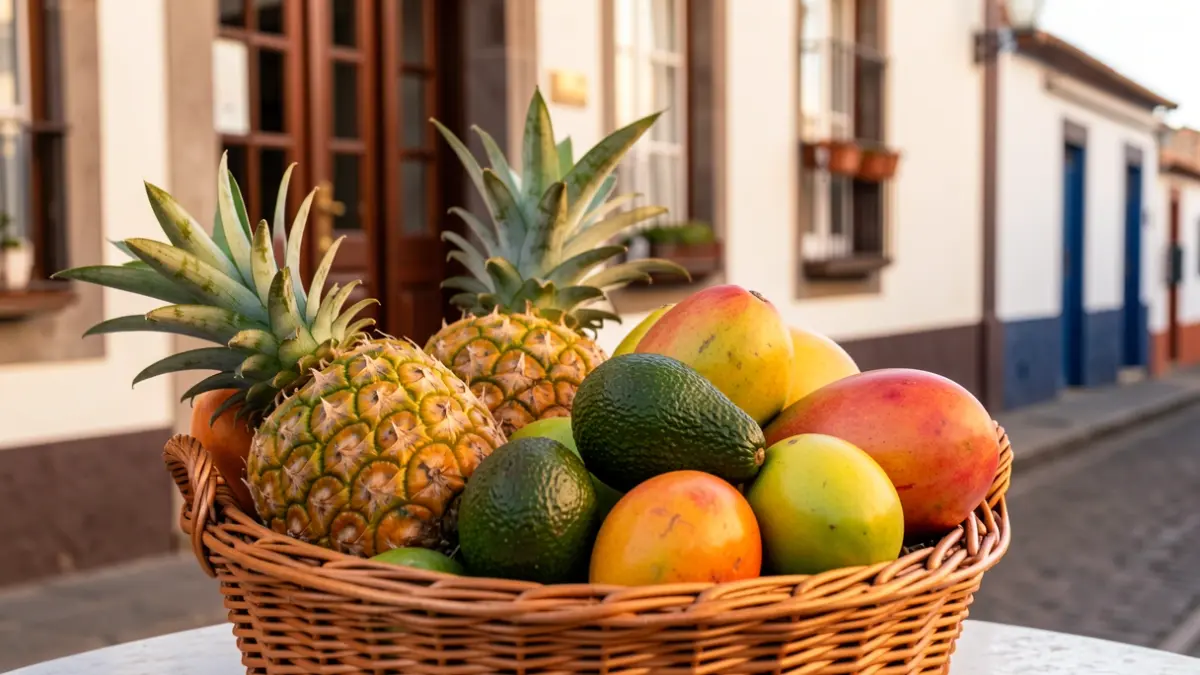 Basket of representative tropical fruits from Mogán, including pineapples, avocados, and mangoes.