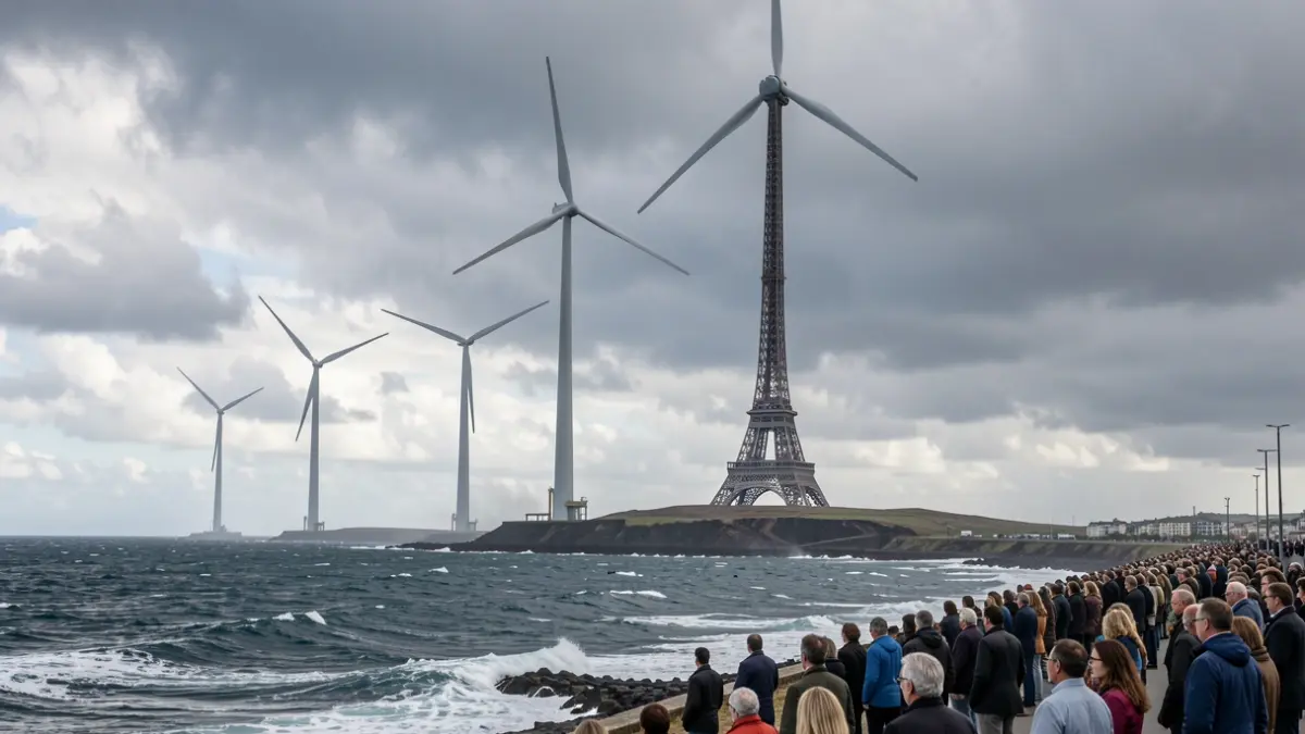 Image of tall offshore wind turbines near the coast of a volcanic island.