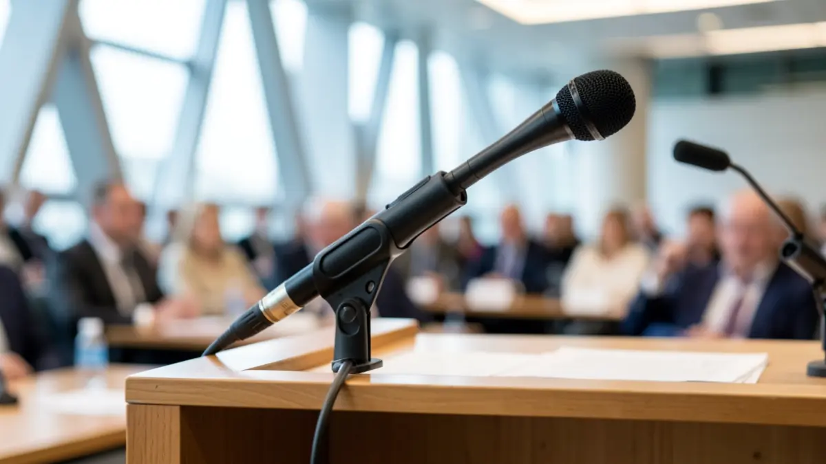 Generic image of a microphone on a podium, symbolizing a political or institutional speech.