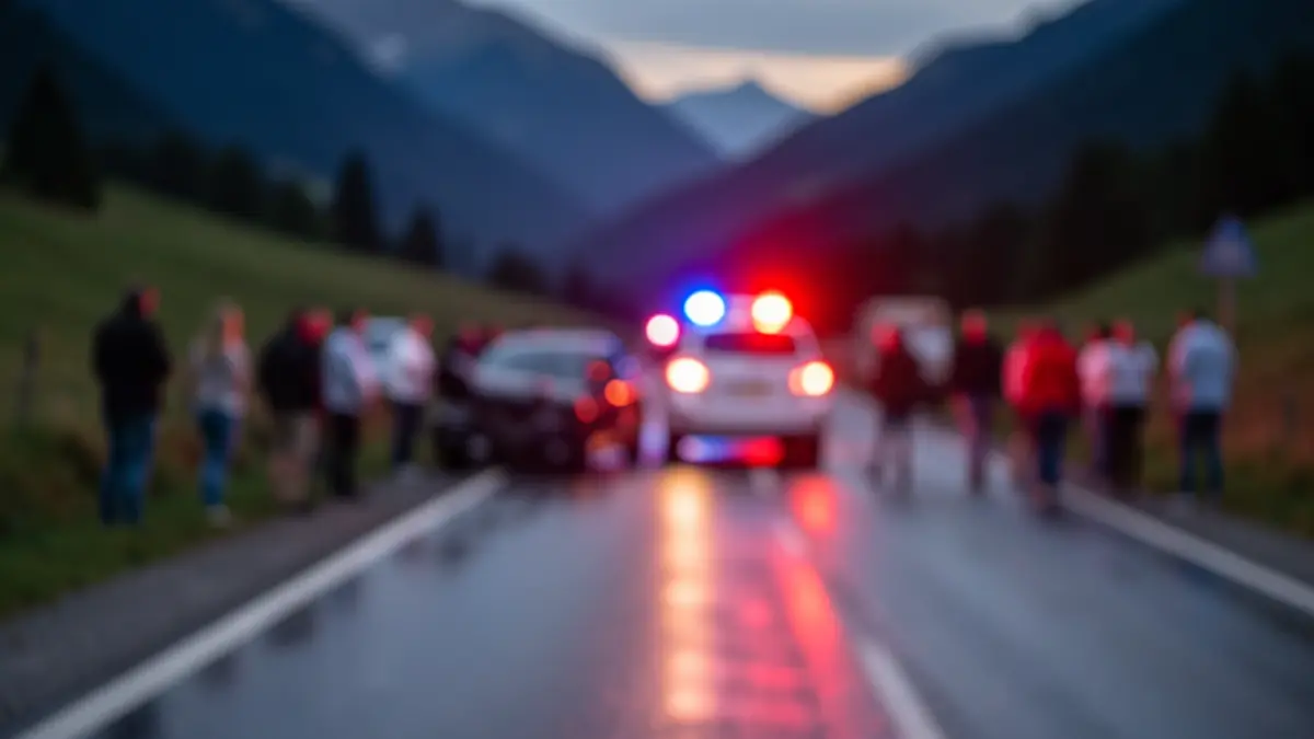 Generic image of police emergency lights reflecting on wet asphalt at dusk in a mountainous area.