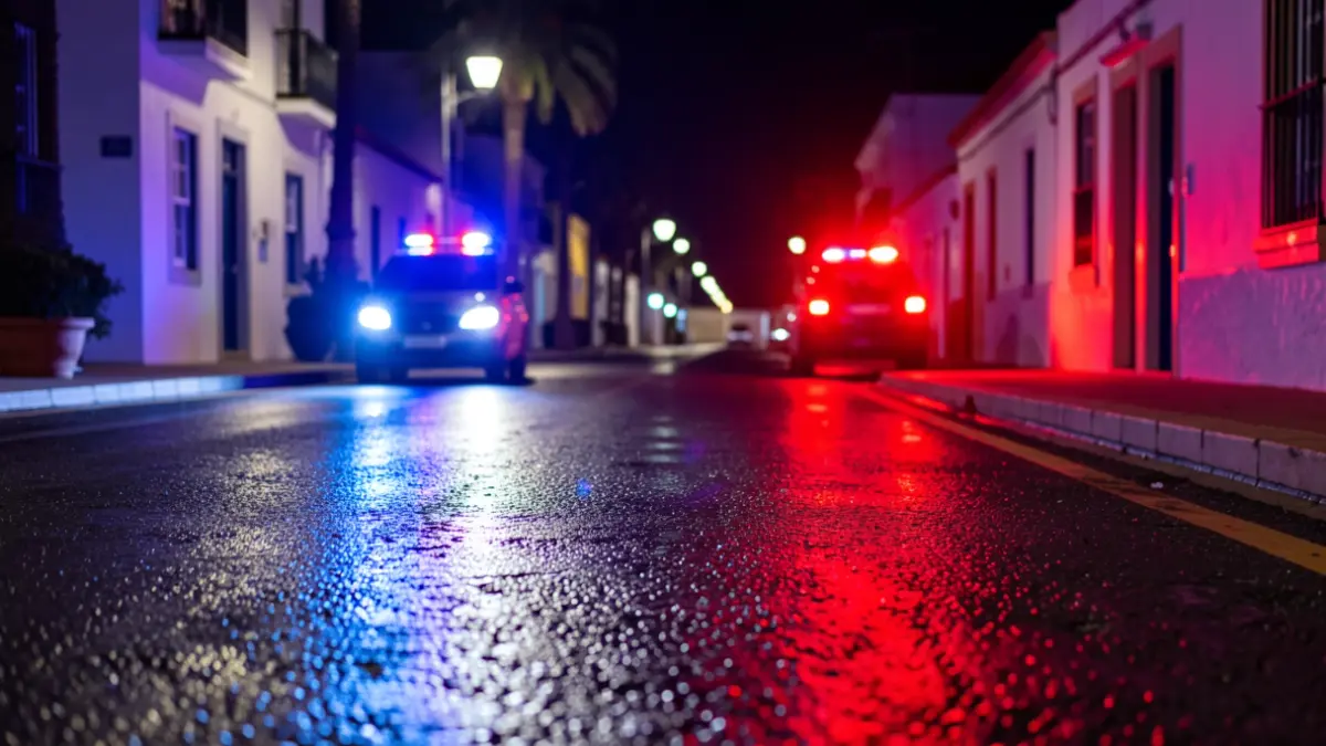 Imagen genérica de luces de emergencia policiales reflejándose en el asfalto mojado por la noche en una calle de Puerto de la Cruz.