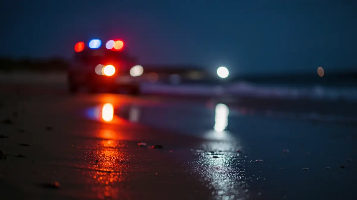Imagen genérica de luces de emergencia reflejándose en la arena mojada de una playa por la noche.