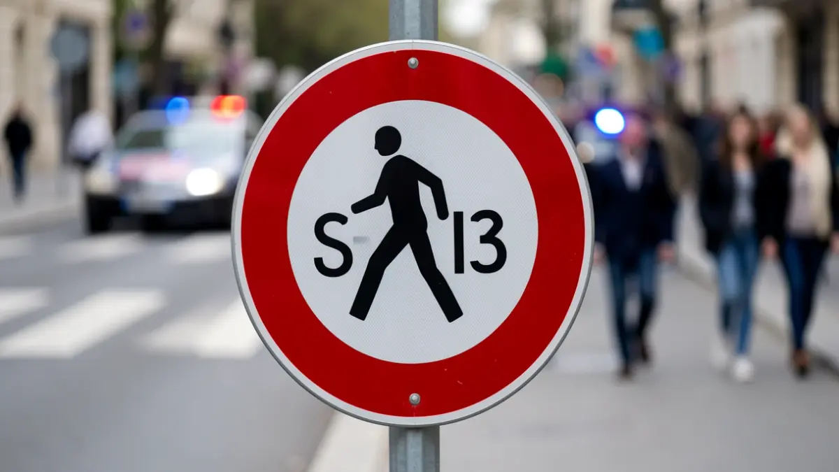 Close-up of an S-13 pedestrian crossing traffic sign with blurred police emergency lights in the background.