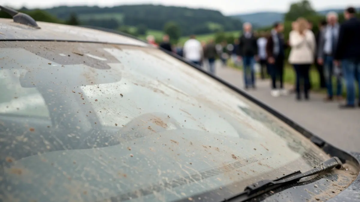 Imagen de un parabrisas de coche sucio con barro y polvo que dificulta la visibilidad.