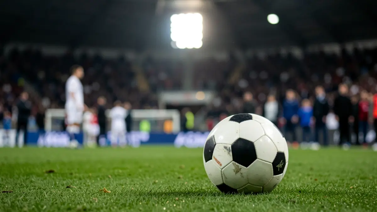 Generic image of a soccer ball on grass in a stadium.