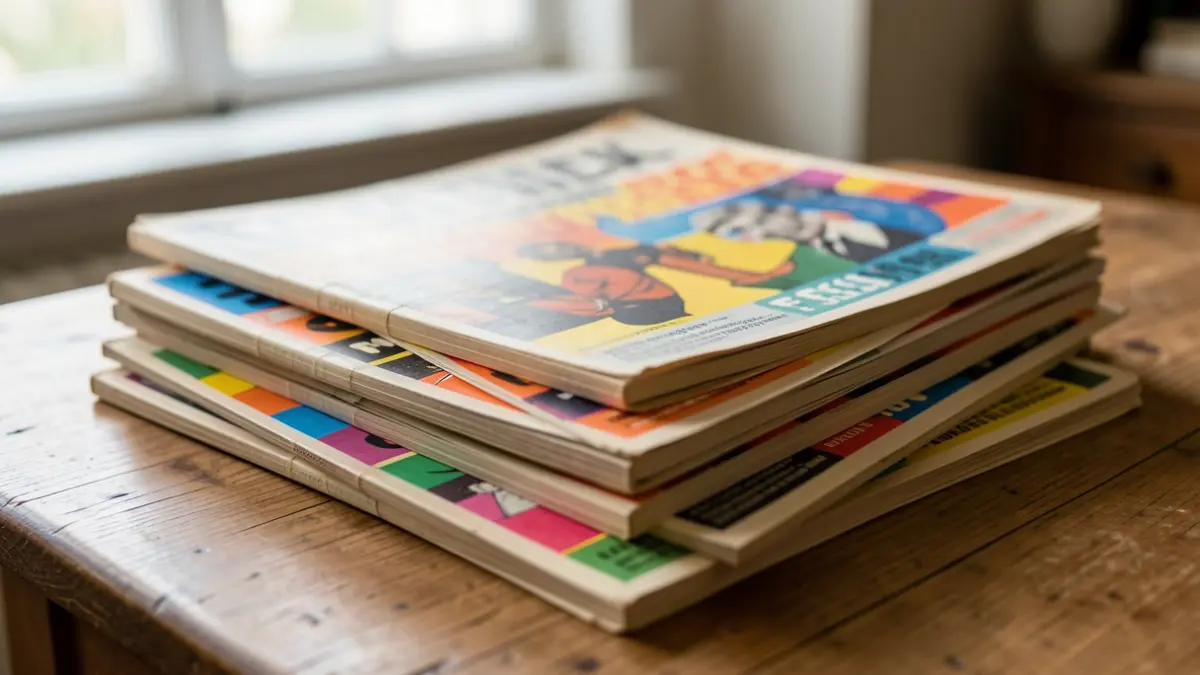 Primer plano de una pila de antiguos catálogos y folletos de exposiciones de arte, algunos con diseño gráfico colorido de los años 70 y 80, sobre una mesa de madera.