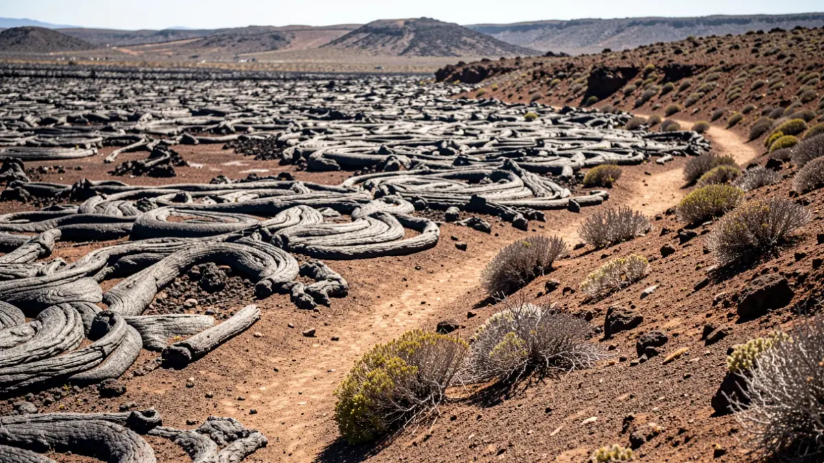 Paisaje volcánico de Lanzarote con senderos de lava y vegetación escasa.