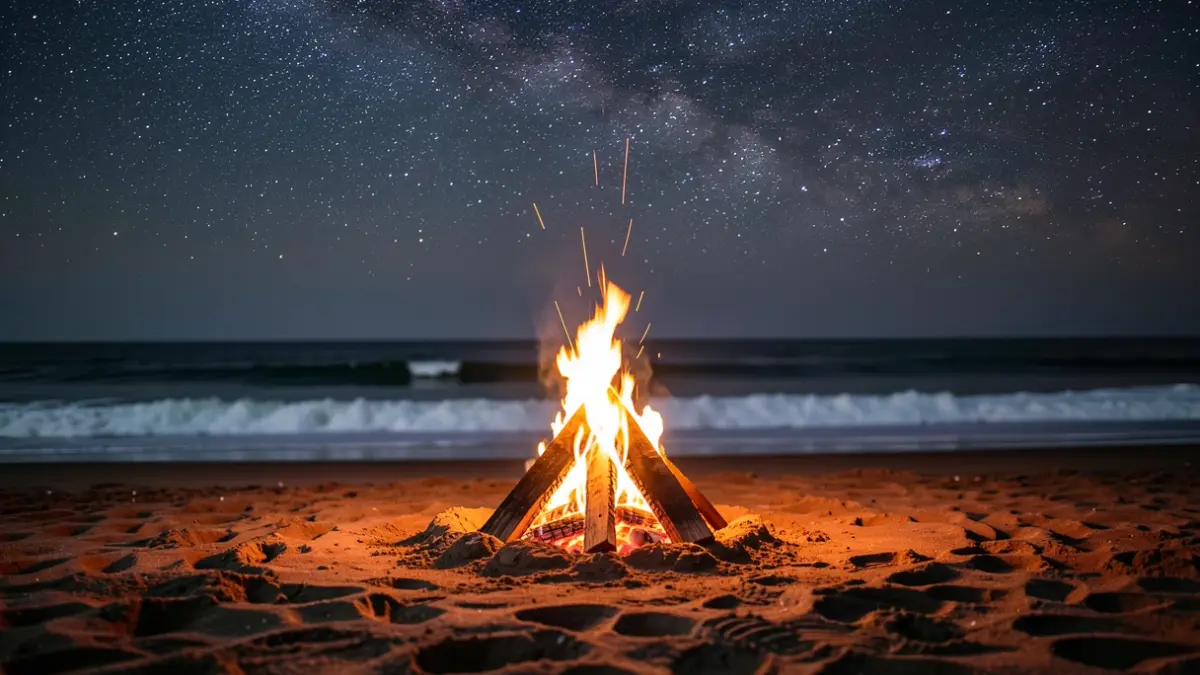 Hoguera de San Juan en una playa de Tenerife durante la noche.