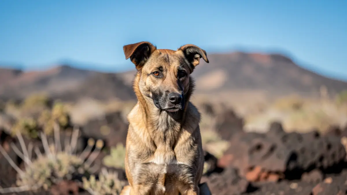 Generic image of a hunting dog in a Fuerteventura volcanic landscape.