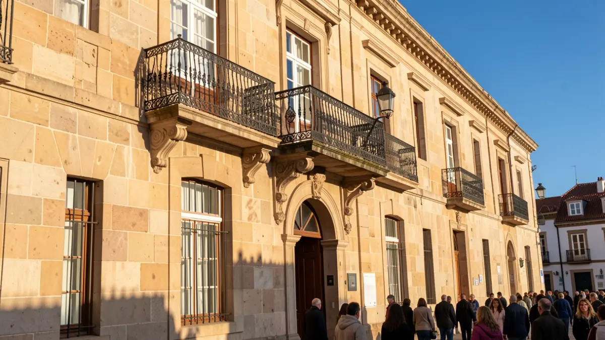 Fachada de un ayuntamiento canario de piedra con balcón y barandillas de hierro, luz cálida de la tarde proyectando sombras sobre los muros de arenisca, cielo azul.
