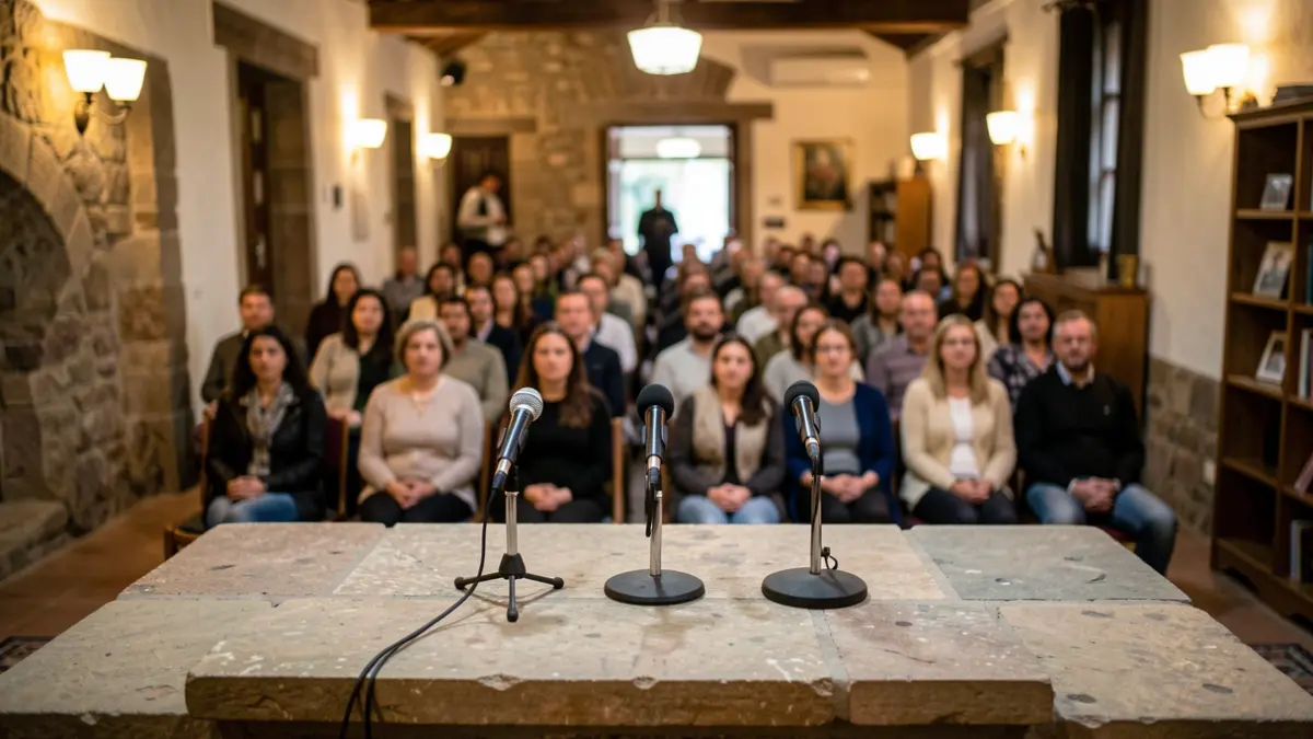 Imagen genérica de un atril con micrófonos en un salón de actos.
