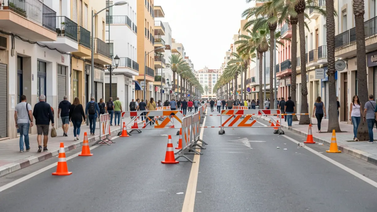Generic image of an urban street with traffic signs and construction barriers.