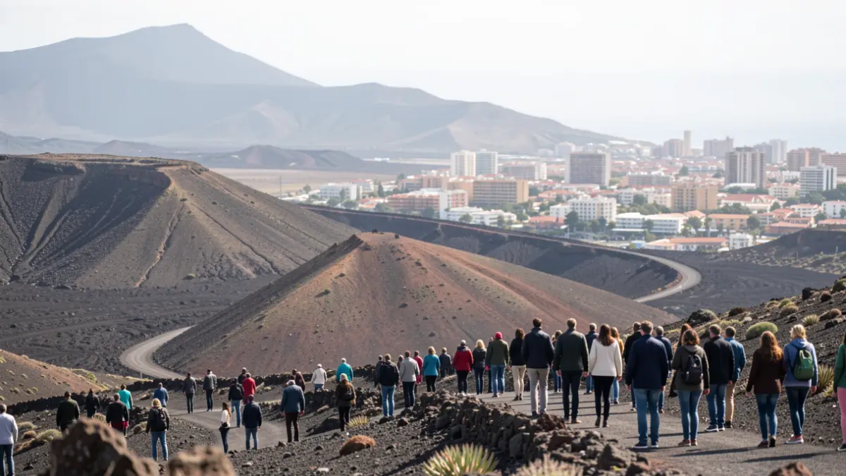 Volcanic landscape of the Canary Islands with an urban settlement in the background.