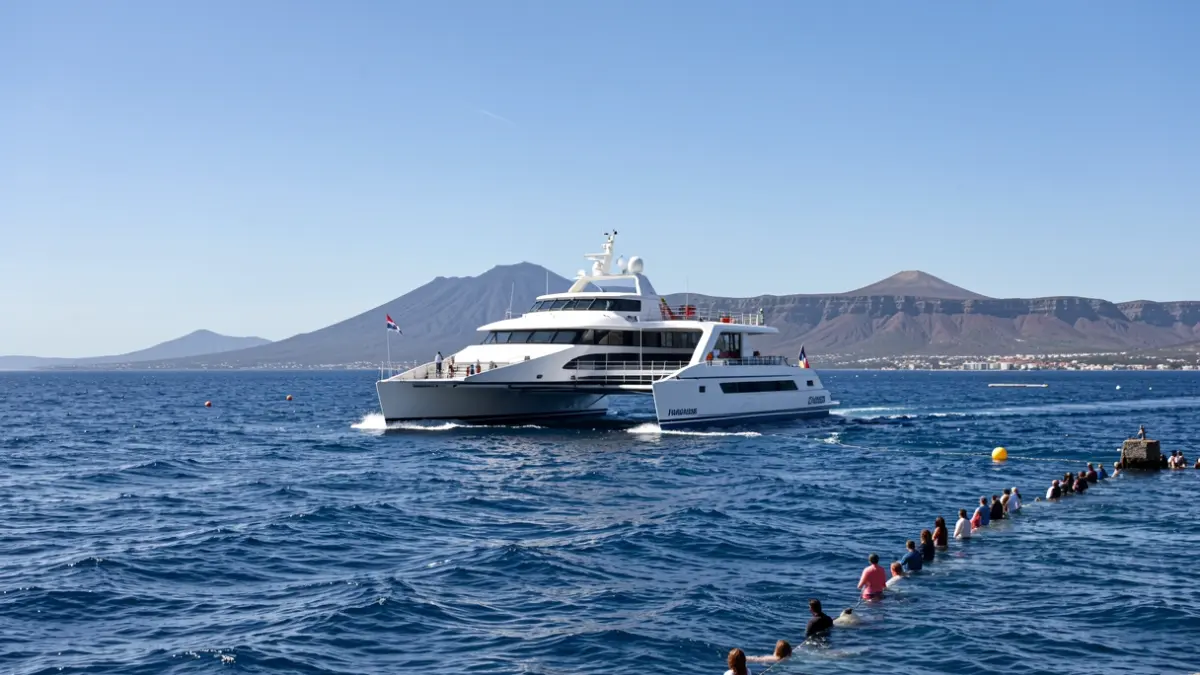 Ferry trimarán moderno navegando cerca de las islas Canarias con islas volcánicas al fondo.