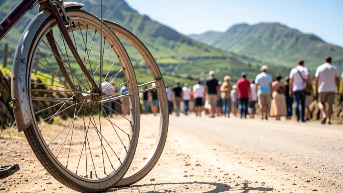 Close-up of a vintage bicycle wheel on a dusty road with the landscape of Gran Canaria in the background.