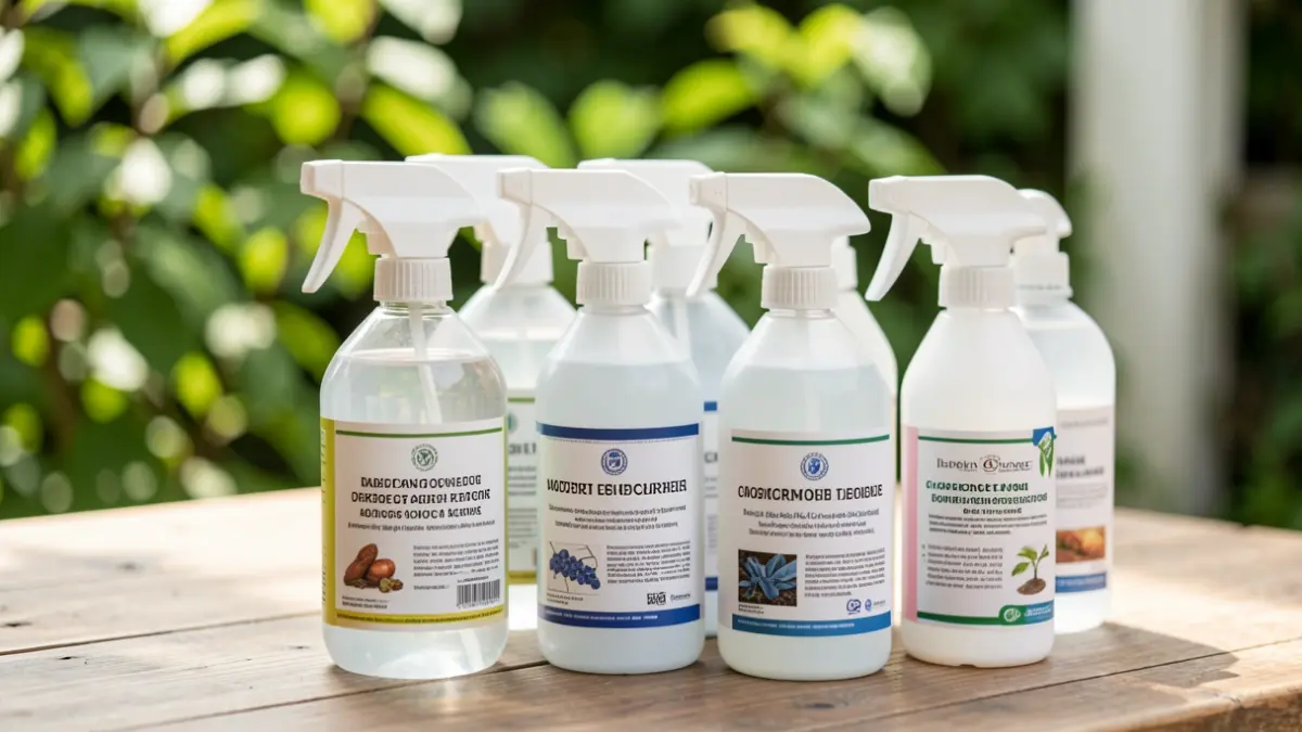 Close-up of phytosanitary product bottles and containers on a wooden table.