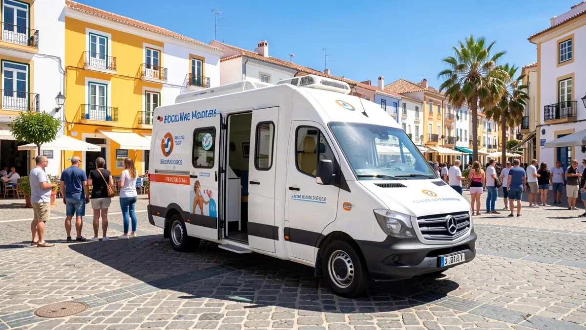 Mobile blood donation unit parked in a sunny square in the Canary Islands.