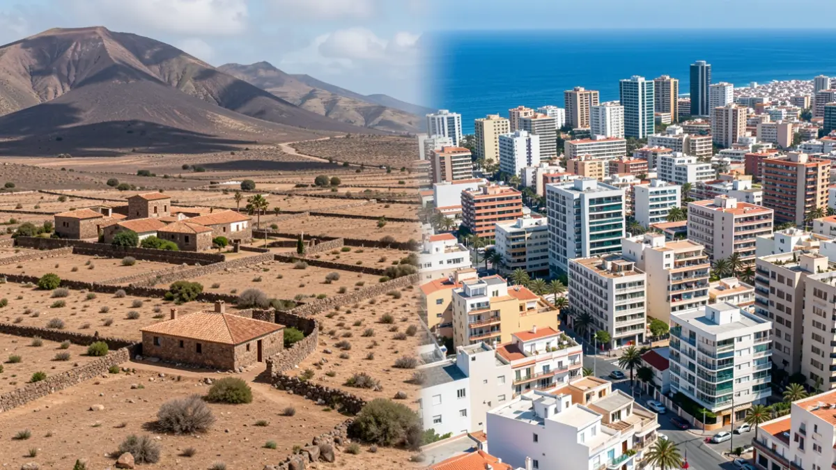 Symbolic image of demographic challenges in the Canary Islands, contrasting depopulated rural areas with urban areas facing housing shortages.