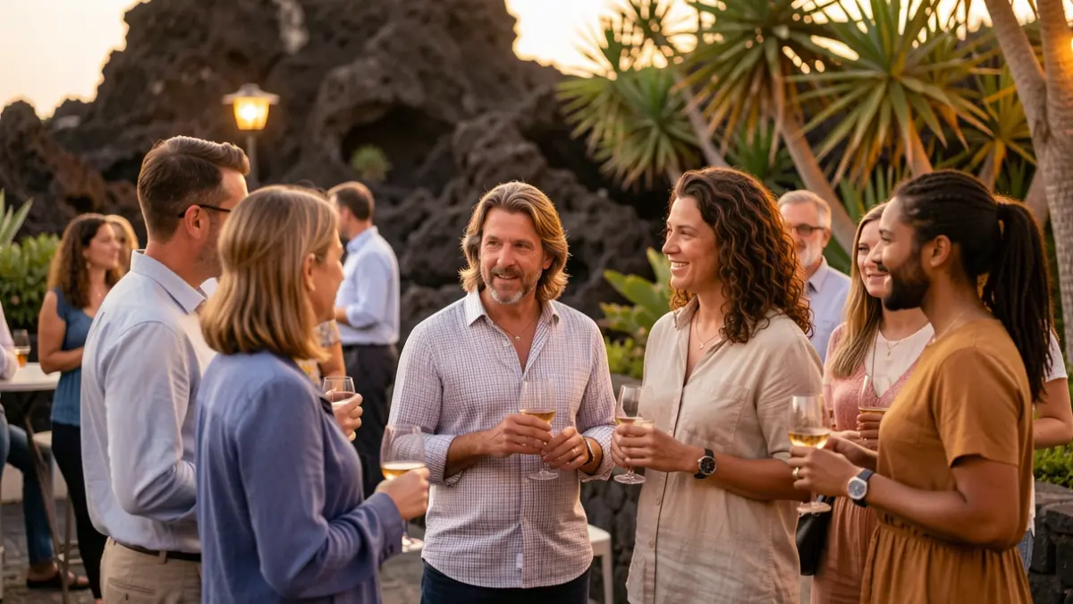 Imagen genérica de un encuentro social con personas conversando y brindando en un ambiente cálido.