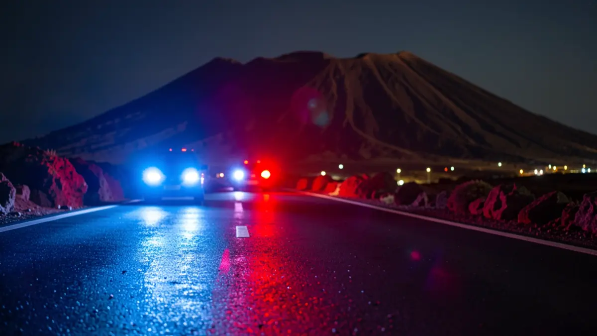 Generic image of police emergency lights reflecting on wet asphalt at night.