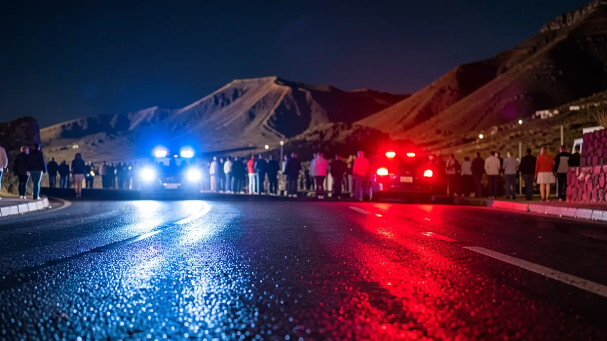 Imagen genérica de luces de emergencia policiales reflejándose en el asfalto mojado por la noche.