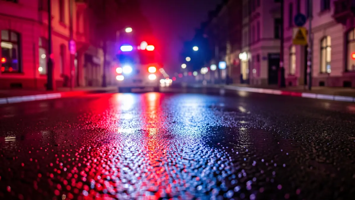 Imagen genérica de luces de emergencia policiales reflejándose en el asfalto mojado por la noche.