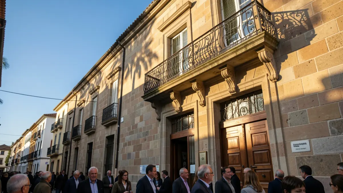 Fachada de piedra de un ayuntamiento canario con balcón de hierro forjado, luz cálida de la tarde.