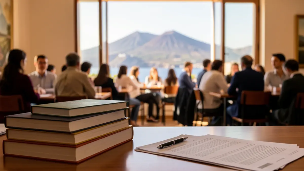 Imagen genérica de un examen en Canarias con libros y paisaje volcánico al fondo.