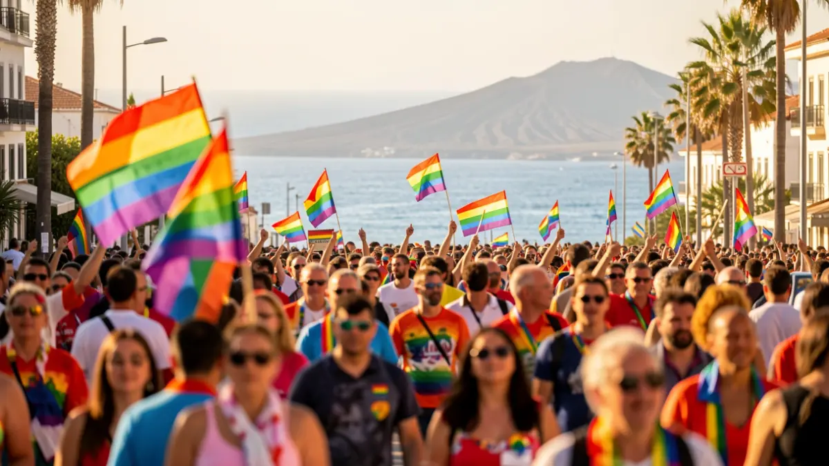 Imagen genérica de una manifestación del Orgullo LGTBIQ+ en Canarias, con banderas arcoíris y gente celebrando.