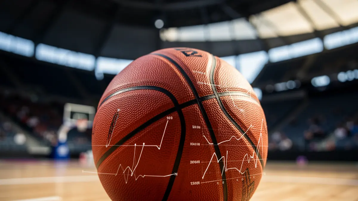Generic image of a basketball with data graphics overlaid.