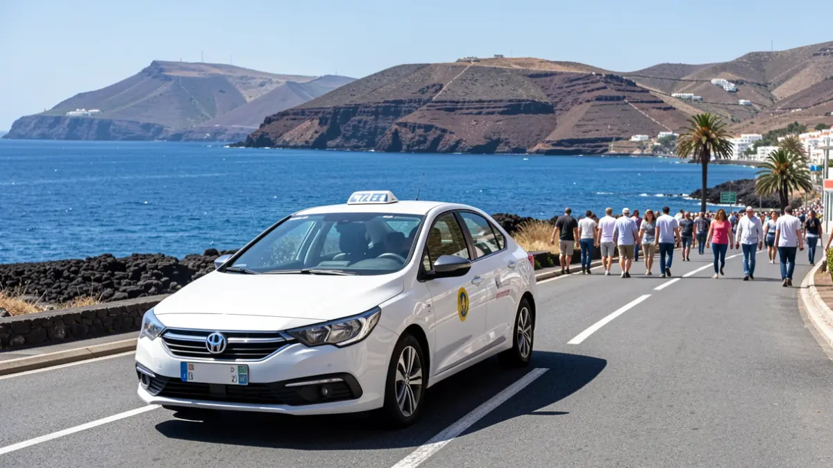 Generic image of a taxi driving on a sunny road in the Canary Islands.