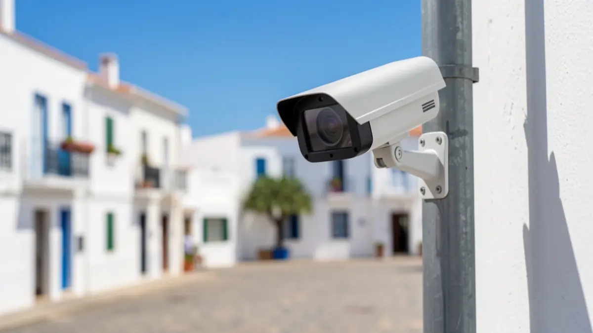 Cámara de videovigilancia moderna instalada en una plaza de Pájara.