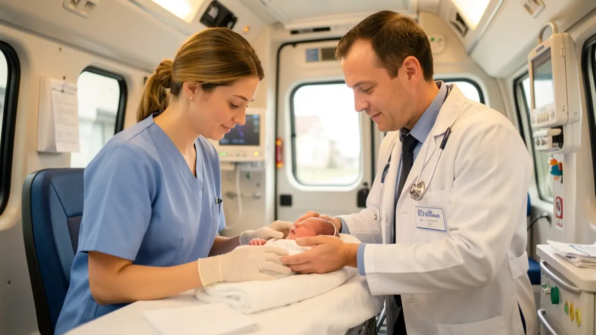 Medical team attending a newborn baby inside a medicalized ambulance.